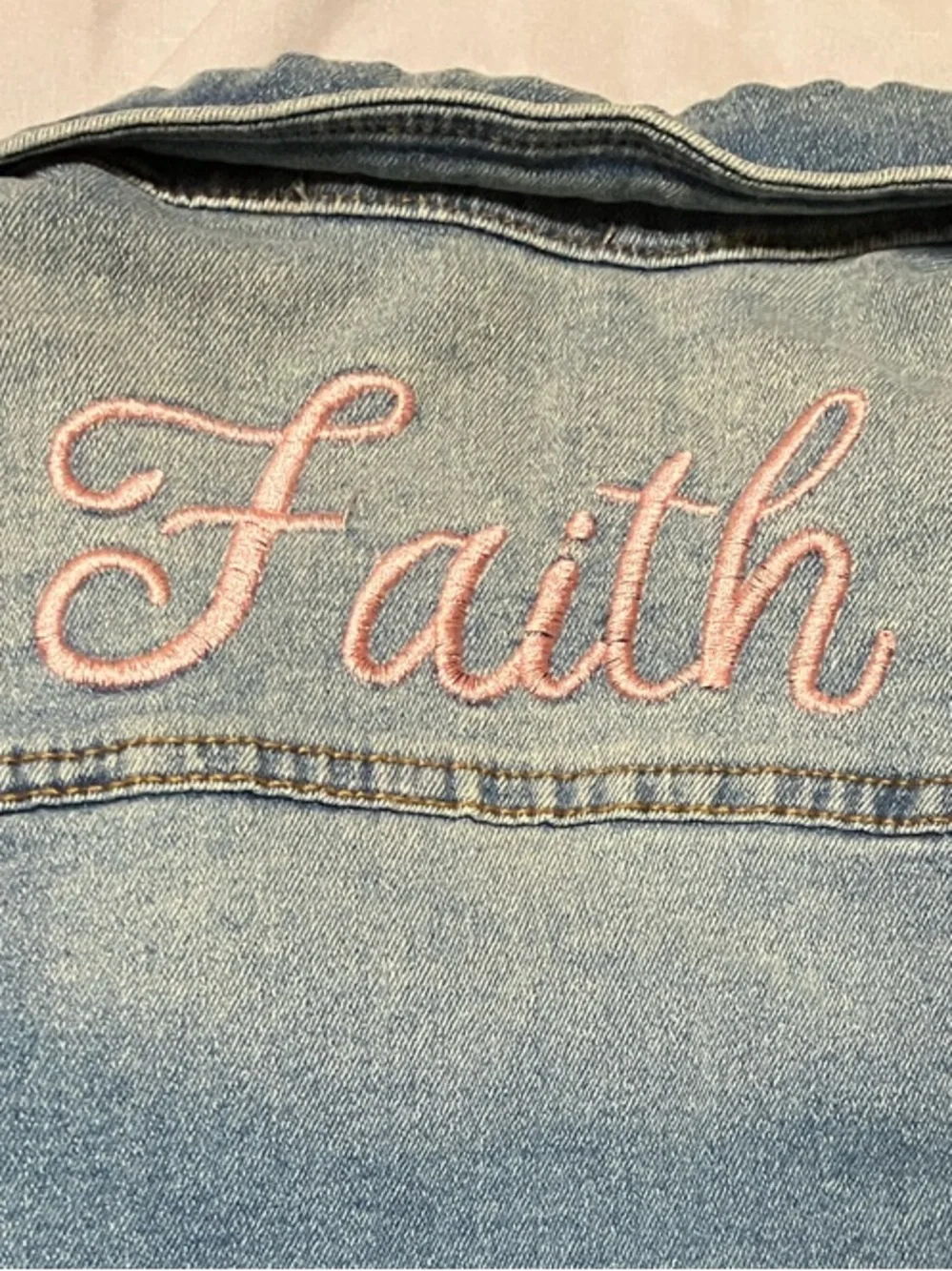 Girls Light Blue Denim Jacket - Faith Embroidered on the Back